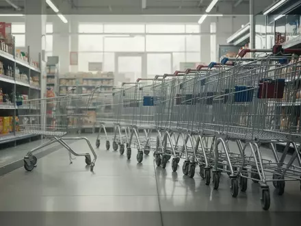 Leerer Supermarktgang mit Einkaufswagen in einer sachlichen, hell beleuchteten Umgebung. - Foto: über boerse-global.de