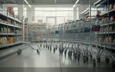 Leerer Supermarktgang mit Einkaufswagen in einer sachlichen, hell beleuchteten Umgebung. - Foto: über boerse-global.de