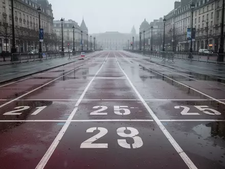 Eine nasse Asphaltstrecke bei einem Marathonlauf an einem regnerischen Tag mit markierten Startlinien. - Foto: über boerse-global.de