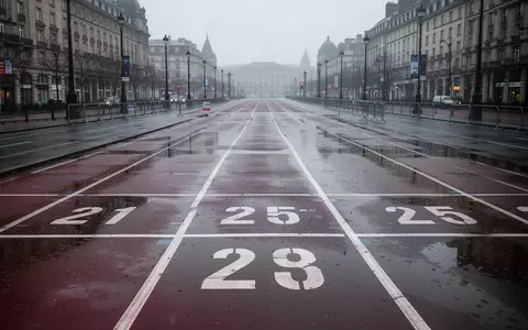Eine nasse Asphaltstrecke bei einem Marathonlauf an einem regnerischen Tag mit markierten Startlinien. - Foto: über boerse-global.de