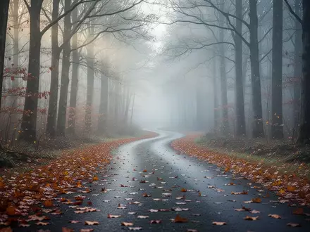 Ein nebliger, herbstlicher Waldweg mit Laub am Boden bei kühlem Tageslicht. - Foto: über boerse-global.de