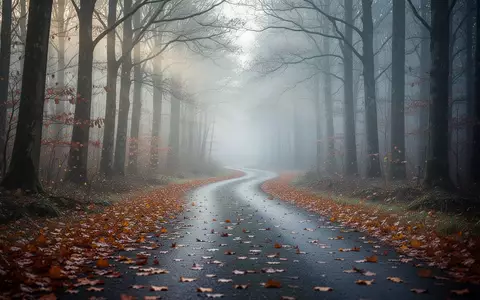 Ein nebliger, herbstlicher Waldweg mit Laub am Boden bei kühlem Tageslicht. - Foto: über boerse-global.de