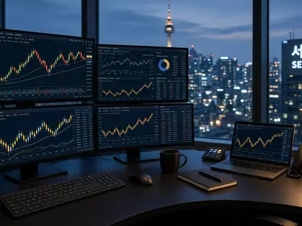 Moderne Handelsbildschirme mit Finanzgrafiken in einem Büro in Südkorea bei Dämmerung. - Foto: über boerse-global.de