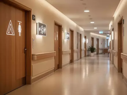 Ein ruhiger Krankenhausflur mit Piktogrammen an den Zimmertüren zur besseren Orientierung. - Foto: über boerse-global.de
