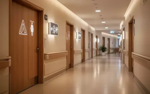 Ein ruhiger Krankenhausflur mit Piktogrammen an den Zimmertüren zur besseren Orientierung. - Foto: über boerse-global.de