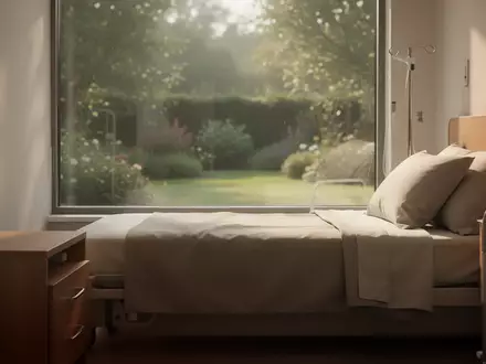 Ein helles, ruhiges Zimmer in einer modernen Pflegeeinrichtung mit einem ordentlich gemachten Bett und einem Fenster zum Garten. - Foto: über boerse-global.de