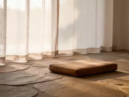 Ein minimalistischer, lichtdurchfluteter Meditationsraum mit Natursteinboden und einem einzelnen Holzkissen in ruhiger Atmosphäre. - Foto: über boerse-global.de