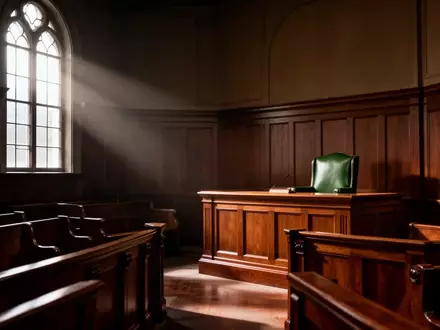 Ein leerer Gerichtssaal mit dunkler Holzvertäfelung und einem Richterpult in gedämpftem Licht. - Foto: über boerse-global.de