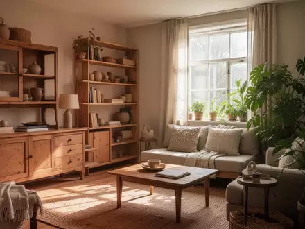 Ein helles, gemütlich eingerichtetes Wohnzimmer mit einer Mischung aus Vintage-Holzmöbeln und offenen Regalen bei Tageslicht. - Foto: über boerse-global.de