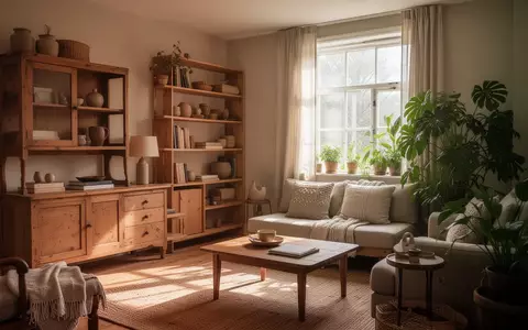 Ein helles, gemütlich eingerichtetes Wohnzimmer mit einer Mischung aus Vintage-Holzmöbeln und offenen Regalen bei Tageslicht. - Foto: über boerse-global.de