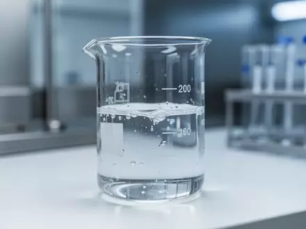 Ein gläsernes Laborgefäß mit einer klaren Flüssigkeit auf einem sterilen Labortisch in einer klinischen Forschungsumgebung. - Foto: über boerse-global.de