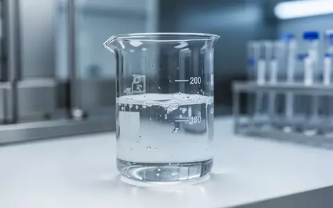 Ein gläsernes Laborgefäß mit einer klaren Flüssigkeit auf einem sterilen Labortisch in einer klinischen Forschungsumgebung. - Foto: über boerse-global.de