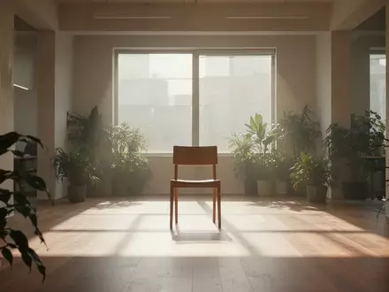 Ein minimalistischer, lichtdurchfluteter Raum mit einem leeren Stuhl und grünen Pflanzen, der eine ruhige Atmosphäre für Bewegung vermittelt. - Foto: über boerse-global.de