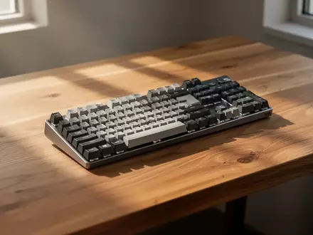 Eine hochwertige mechanische Tastatur auf einem schlichten Holztisch in einem hellen, ruhigen Arbeitsbereich. - Foto: über boerse-global.de