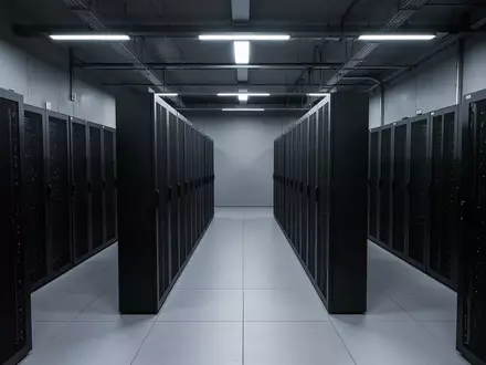 Ein minimalistischer, leerer Serverraum mit dunklen, matten Serverschränken in einer modernen, industriellen Umgebung. - Foto: über boerse-global.de