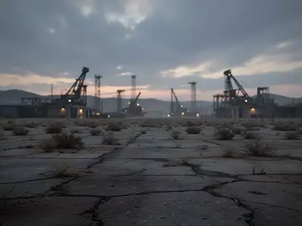 Ein verlassenes industrielles Testgelände mit rissigem Beton und karger Vegetation unter einem bewölkten Himmel. - Foto: über boerse-global.de