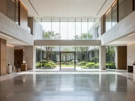 Ein heller, moderner Hotellobby-Bereich mit minimalistischer Architektur und großen Fenstern, die in einen Garten blicken. - Foto: über boerse-global.de