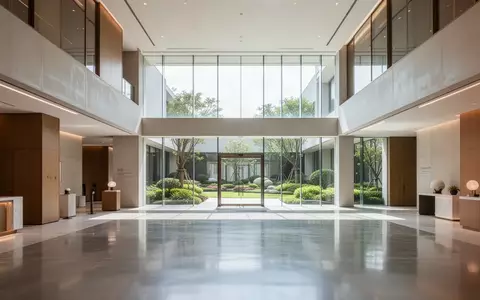 Ein heller, moderner Hotellobby-Bereich mit minimalistischer Architektur und großen Fenstern, die in einen Garten blicken. - Foto: über boerse-global.de