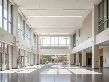 Heller, moderner Innenraum eines Universitätsgebäudes mit großen Fenstern und klaren architektonischen Linien. - Foto: über boerse-global.de