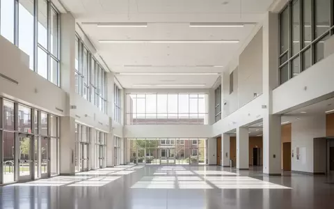 Heller, moderner Innenraum eines Universitätsgebäudes mit großen Fenstern und klaren architektonischen Linien. - Foto: über boerse-global.de