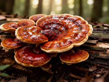 Nahaufnahme von Reishi-Pilzen, die auf einem verrottenden Baumstamm in einem schattigen Wald wachsen. - Foto: über boerse-global.de