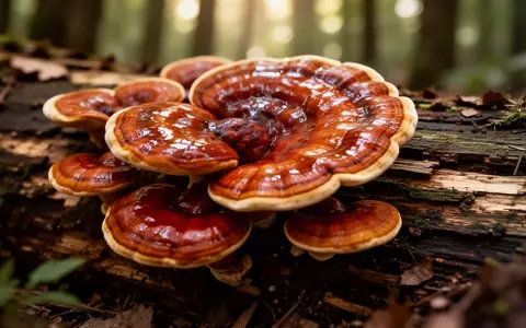 Nahaufnahme von Reishi-Pilzen, die auf einem verrottenden Baumstamm in einem schattigen Wald wachsen. - Foto: über boerse-global.de