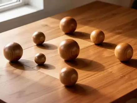Polierte Holzkugeln in einer geometrischen Anordnung auf einem Holztisch, die Konzentration und Koordination symbolisieren. - Foto: über boerse-global.de