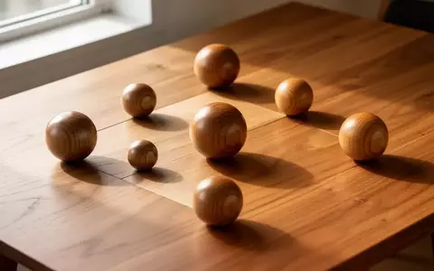 Polierte Holzkugeln in einer geometrischen Anordnung auf einem Holztisch, die Konzentration und Koordination symbolisieren. - Foto: über boerse-global.de