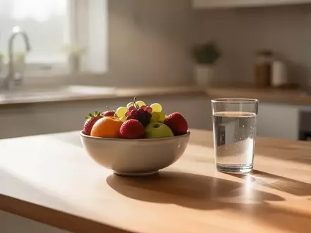 Ein sonnendurchfluteter Küchentisch mit einer Schale frischem Obst und einem Glas Wasser in einer ruhigen, minimalistischen Umgebung. - Foto: über boerse-global.de