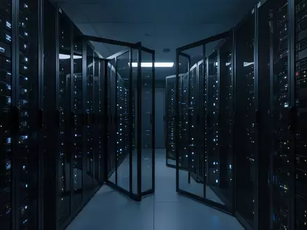 Ein moderner, minimalistischer Serverraum bei Nacht mit blau beleuchteten Metall-Serverracks in einer sauberen, professionellen Umgebung. - Foto: über boerse-global.de