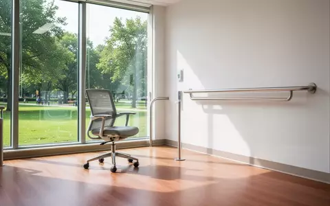 Ein heller, moderner Rehabilitationsraum in einer Klinik mit einer Balance-Stange an einer weißen Wand. - Foto: über boerse-global.de