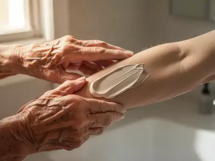 Eine ältere Person trägt vorsichtig Feuchtigkeitscreme auf ihren Unterarm auf, in einem hellen, minimalistischen Badezimmer. - Foto: über boerse-global.de