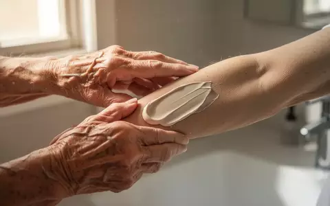 Eine ältere Person trägt vorsichtig Feuchtigkeitscreme auf ihren Unterarm auf, in einem hellen, minimalistischen Badezimmer. - Foto: über boerse-global.de