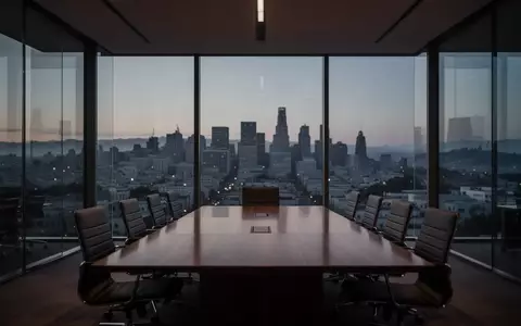 Ein leerer, modern eingerichteter Konferenzraum in einem Bürogebäude bei Dämmerung mit Blick auf die Skyline. - Foto: über boerse-global.de