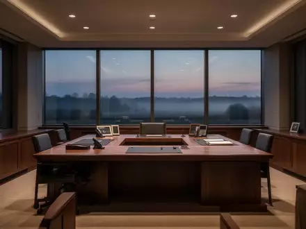 Ein ruhiger, leerer Führungsraum in der Dämmerung mit neutraler Architektur und Blick auf eine neblige Landschaft. - Foto: über boerse-global.de