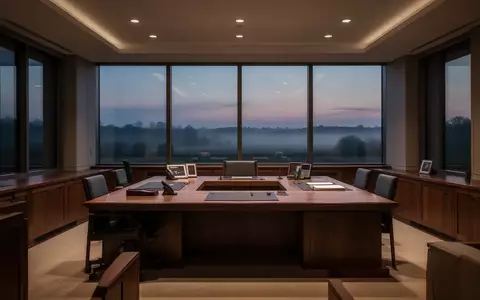 Ein ruhiger, leerer Führungsraum in der Dämmerung mit neutraler Architektur und Blick auf eine neblige Landschaft. - Foto: über boerse-global.de