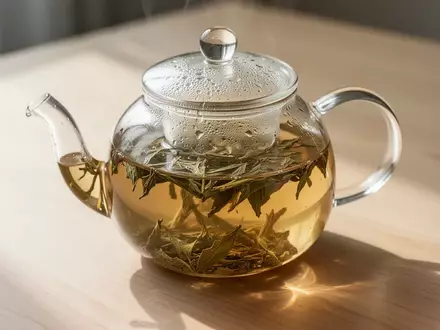 Ein gläserne Teekanne mit ziehendem Tee auf einem hellen Holztisch im natürlichen Licht. - Foto: über boerse-global.de