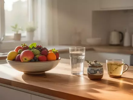 Ein heller, sonnendurchfluteter Frühstückstisch mit frischem Obst und einem Glas Wasser in einer ruhigen Küche. - Foto: über boerse-global.de