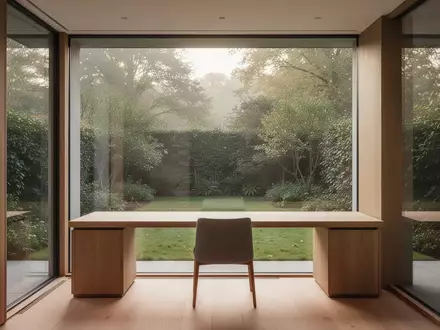 Ein minimalistischer Arbeitsbereich in einem hellen Raum mit Blick in einen grünen Garten. - Foto: über boerse-global.de