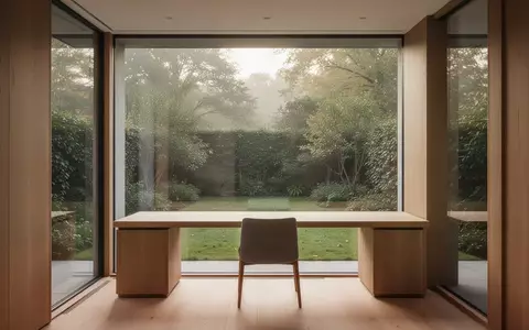 Ein minimalistischer Arbeitsbereich in einem hellen Raum mit Blick in einen grünen Garten. - Foto: über boerse-global.de