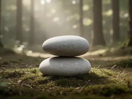 Ein glatter, runder Flussstein auf bemoostem Waldboden in einer ruhigen Lichtung, symbolisch für ganzheitliche Balance. - Foto: über boerse-global.de