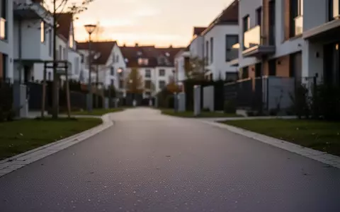 Ein ruhiger, gepflasterter Gehweg in einem modernen Wohngebiet bei Dämmerung, ohne Personen oder Fahrzeuge. - Foto: über boerse-global.de