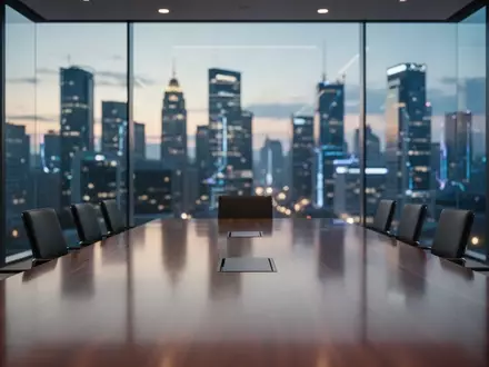 Abstrakte Darstellung eines modernen, professionellen Konferenzraums mit Blick auf ein nächtliches Geschäftsviertel. - Foto: über boerse-global.de