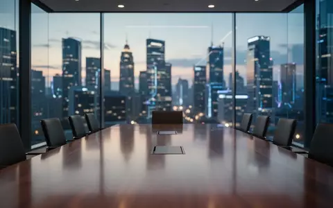 Abstrakte Darstellung eines modernen, professionellen Konferenzraums mit Blick auf ein nächtliches Geschäftsviertel. - Foto: über boerse-global.de