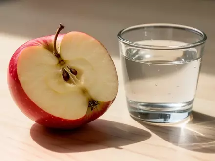 Ein aufgeschnittener Apfel und ein Glas Wasser auf einer hellen Holzoberfläche als Symbol für gesunde Ernährung. - Foto: über boerse-global.de