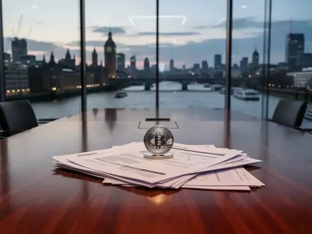 Eine glänzende Münze auf Finanzdokumenten in einem modernen Konferenzraum mit Blick auf die Londoner Skyline bei Dämmerung. - Foto: über boerse-global.de
