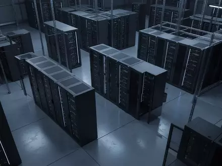 Dunkler, moderner Serverraum mit geordneten Racks in einer industriellen Umgebung mit kühler Beleuchtung. - Foto: über boerse-global.de