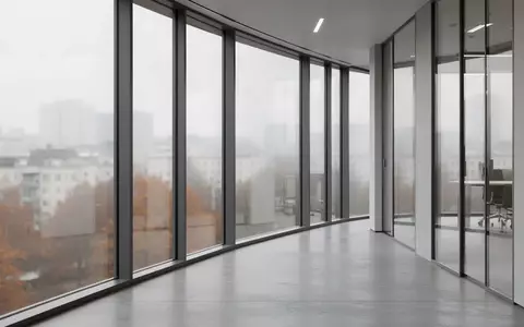 Ein leerer, modern gestalteter Büroflur mit großen Fensterfronten und Blick auf eine städtische Umgebung bei trübem Tageslicht. - Foto: über boerse-global.de