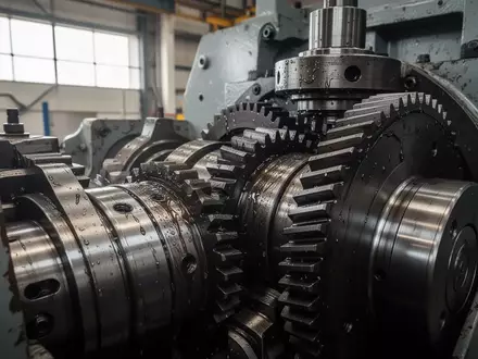 Nahaufnahme von metallischen Zahnrädern und Maschinenteilen in einer Industrieanlage bei natürlichem Licht. - Foto: über boerse-global.de