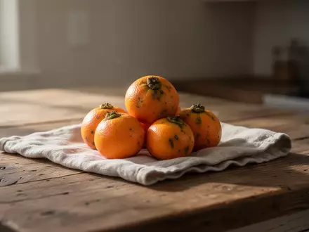 Nahaufnahme von reifen, orangefarbenen Kakis auf einem rustikalen Holztisch in natürlichem Licht. - Foto: über boerse-global.de
